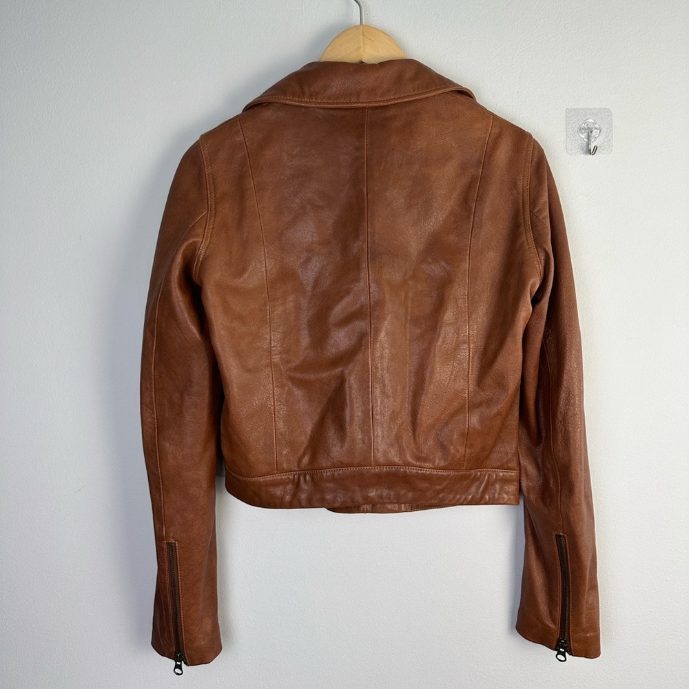 ABLE Maha Soft Lamb Leather Jacket XS in Whiskey Brown Cropped Moto Zipper Cuffs - Picture 13 of 16